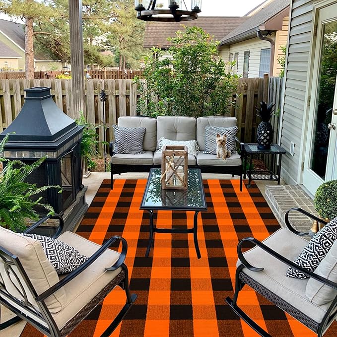 Fall Outdoor Rug Orange Buffalo Plaid Outdoor Rug Cotton Hand-Woven Buffalo Check Rug Layered Doormats for Front Door/Front Porch/Farmhouse/Entryway/Patio