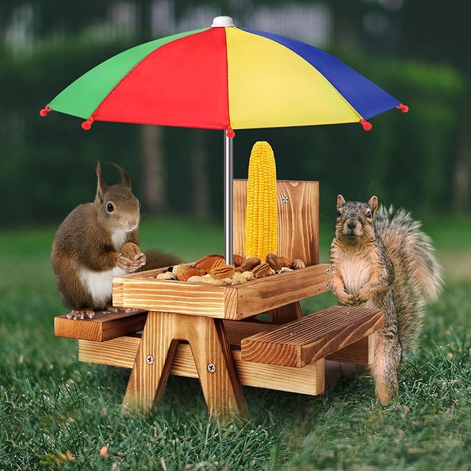 Gnodary Squirrel Feeder with Umbrella, Squirrel Feeders for Outside, Squirrel Picnic Table Feeder - Chipmunk Feeder Hold Corn, Corn Cob, Peanuts (Multiple Color 1)