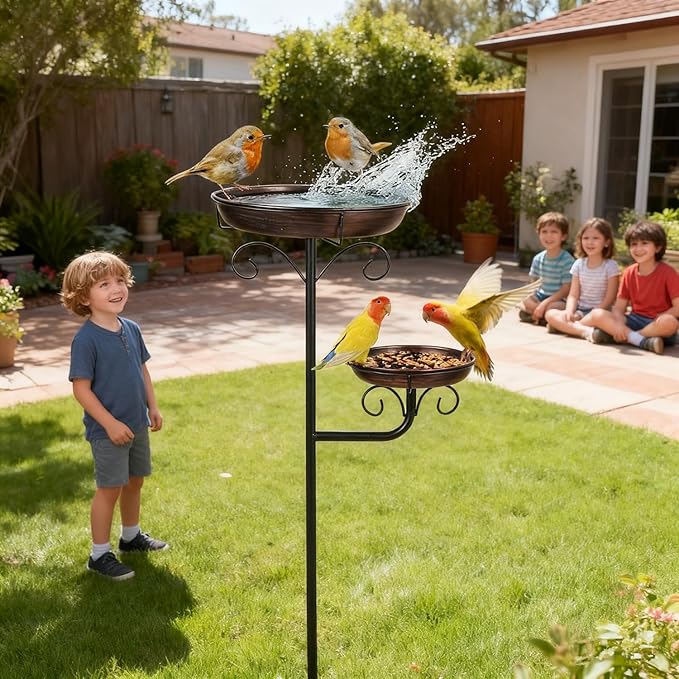 Large Birdbaths for Outdoors with Stand, Copper Bird Bath Outside with Two Removable Bowls, Bird Feeder with Stakes for Metal Garden Decor Ornament