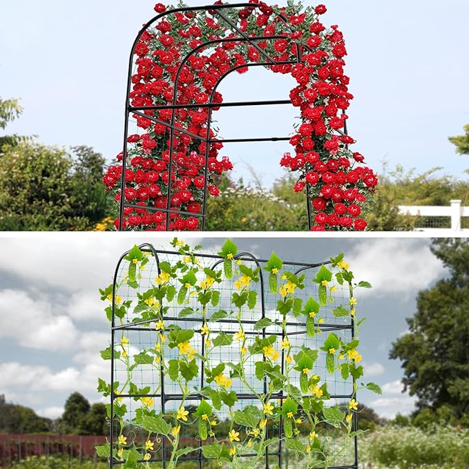 7ft Cucumber Trellis for Raised Bed, Garden Arch Trellis for Climbing Plants Outdoor Indoor, Metal Trellis Support with Net for Vegetables Tomato Zucchini Squash Beans Peas Melons, Rose Flowers,Vines