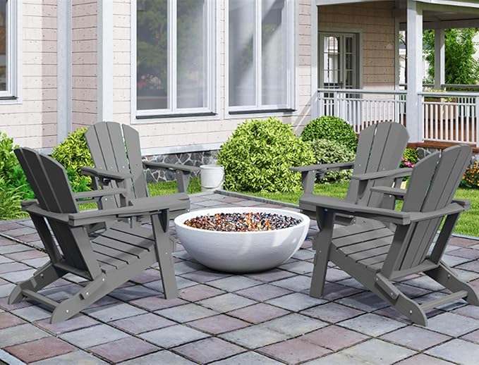 GLANC Folding Adirondack Chair Set of 2, HDPE All-Weather Outdoor Patio Fire Pit Chairs Lawn Chair for Poolside Backyard Deck Balcony, Wooden Textured with Cup Holder, 380LBS Capacity (Grey)
