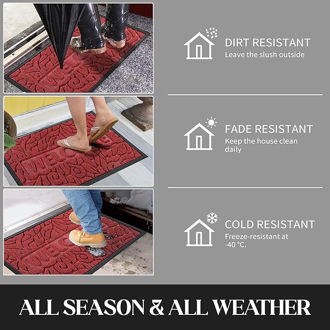 Yimobra Welcome Mat Outdoor 29.5x17, Waterproof Non-Slip Outdoor Mats for Front Door Outside Entrance, Low-Profile Entryway Mat Indoor for Garage Patio, Wine Red