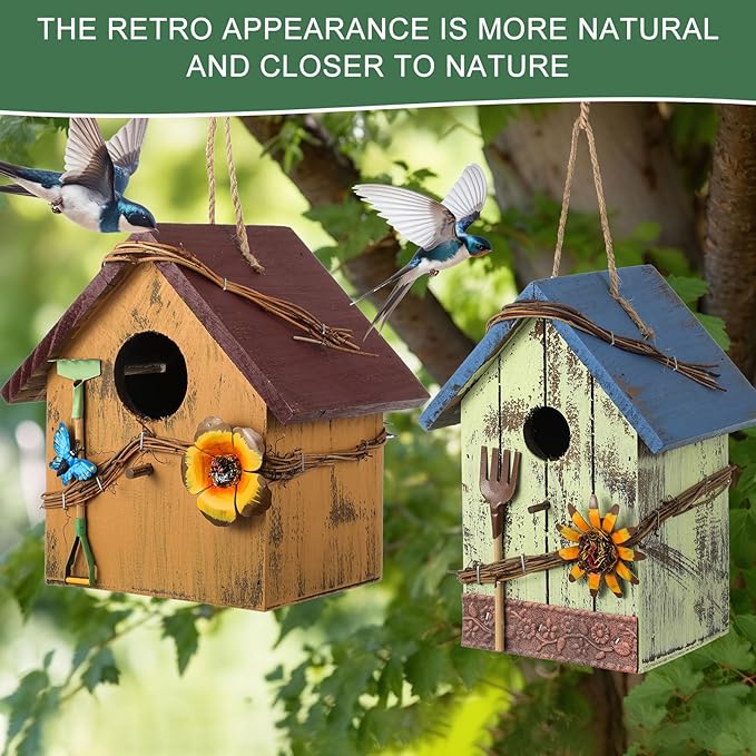 2 Pcs Decorative Birdhouse for Yard Outside Hanging Wooden Birdhouse Hand Painted Bird Box for Bird Lovers Bluebird Tree Swallow Wild Chickadee Garden Decor(Blue,Yellow,Wooden Roof)