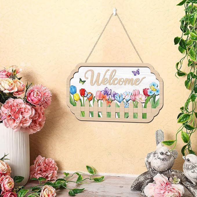 HOURIA 3D Spring Welcome Front Door Sign (11.4”x7”),Floral Butterfly Garden Sign,Colorful Tulip Flower Wreath Sign,Spring Decorations for Home Office Indoor Outdoor