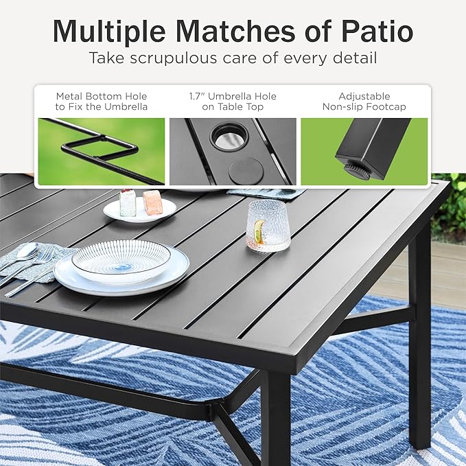 PHI VILLA 9 Pieces Outdoor Dining Set for 8, 83“ Rectangular Metal Table with Umbrella Hole & Stackable Black Wrought Iron Chairs, Large Outside Furniture for Patio, Deck, Yard, Porch