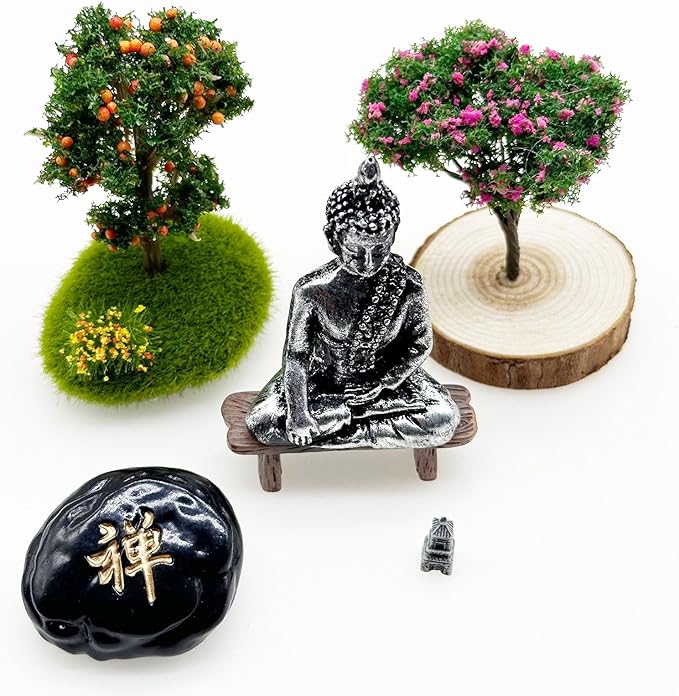 Woohome Mini Zen Garden Kit - Desktop Decor With White Sand, Rocks, Chairs, Towers, Bridges, Model Trees for Home Office