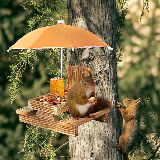 Gnodary Squirrel Feeder with Umbrella, Squirrel Feeders for Outside, Squirrel Picnic Table Feeder - Chipmunk Feeder Hold Corn, Corn Cob, Peanuts Style2 (Bright Orange)