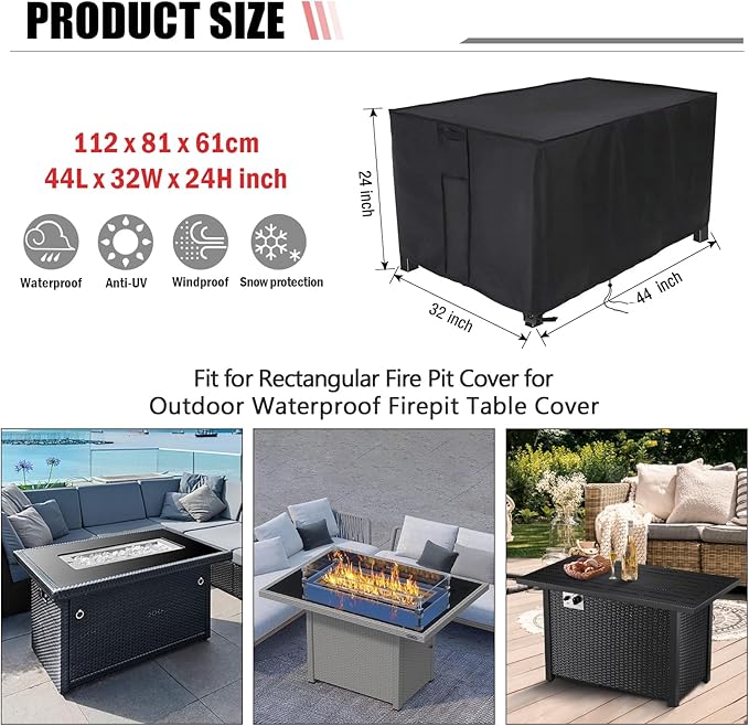 Fire Pit Cover Rectangular 44 Inch,Propane Gas Fire Pit Table Cover,Outdoor Waterproof Firepit Table Cover - 44 X 32 X 23 Inch
