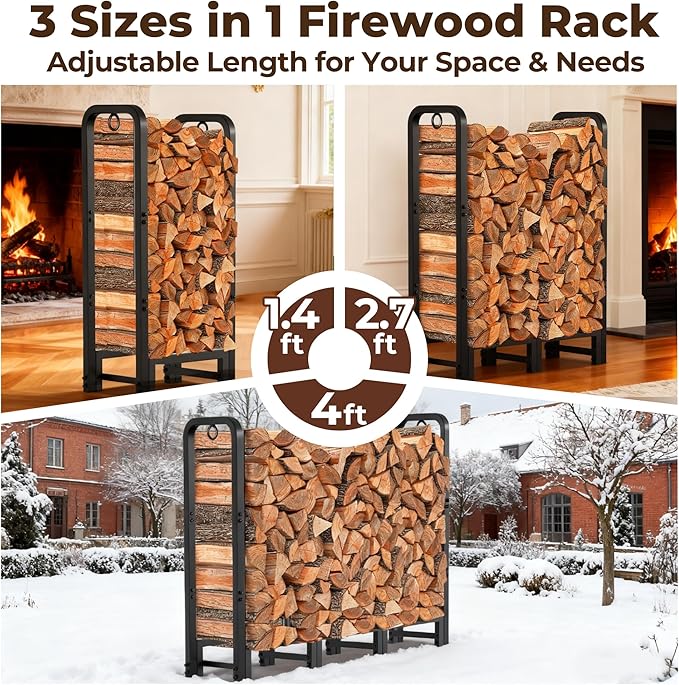 Amagabeli Firewood Log Rack Outdoor 4ft Heavy Duty Logs Holder for Fireplace Indoor Outdoor Adjustable Wood Racks for Fire Wood Holder Metal Pile Stand Storage Stacker Organizer Black