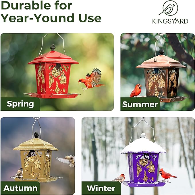 Kingsyard Metal Bird Feeder for Outdoor Hanging - Unique Design Wild Bird Hopper Feeder with 4 Perches and Rainproof Roof, Purple