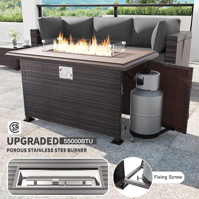 Kullavik 13PCS Outdoor Patio Furniture Set,PE Wicker Rattan Sectional Sofa Patio Conversation Sets with 43" 55000BTU Gas Propane Fire Pit Table,Swivel Rocking Chairs Set,Grey