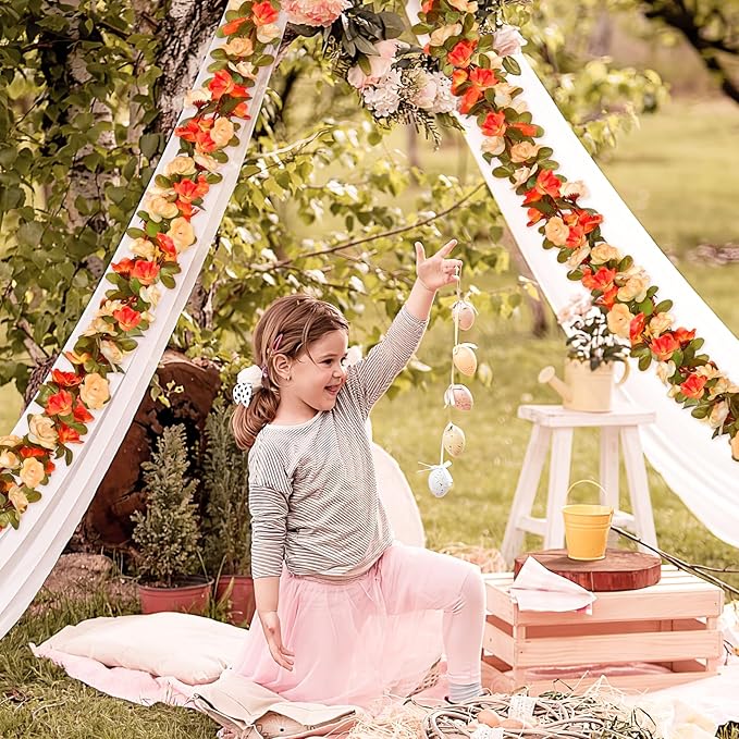 KHOYIME 5 Pack 40 FT Artificial Flower Garland, Fake Orange Roses Vines Silk Flowers Faux Plastic Outdoor Hanging Floral Garland Fall Autumn Decoration for Indoor Table Home Wall Backdrop Room Decor