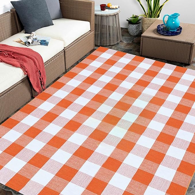 Fall Outdoor Rug Orange Buffalo Plaid Outdoor Rug Cotton Hand-Woven Buffalo Check Rug Layered Doormats for Front Door/Front Porch/Farmhouse/Entryway/Patio