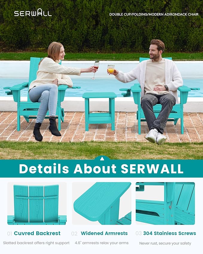 SERWALL Modern Adirondack Chair, Folding Adirondack Chair with Cup Holders, Outdoor HDPE Fire Pit Chair for Patio, Lawn, Garden, Aruba