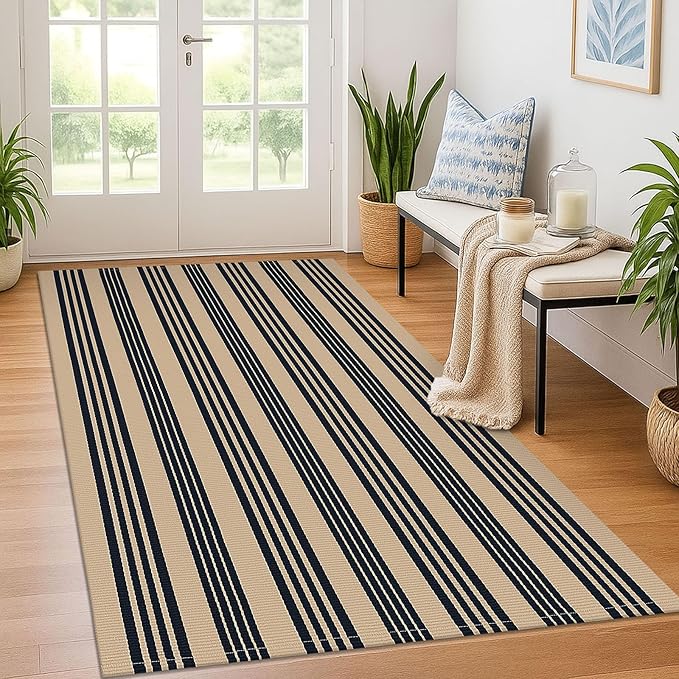 KOZYFLY Striped Front Door Mat 4x6 Ft Brown and Black Front Door Rug Cotton Washable Indoor Outdoor Rug Large Doormats Outdoor Striped Area Rugs for Kitchen Entryway Front Porch