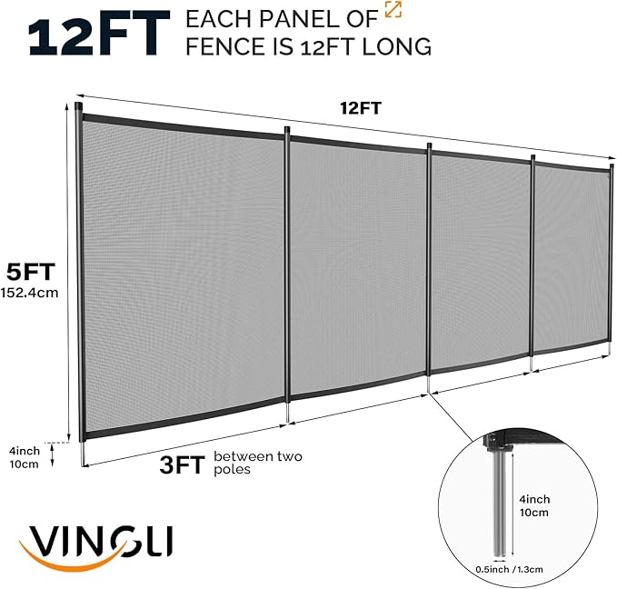 VINGLI 4ft High Pool Fence for Inground and Above Ground Pools, Black Mesh Removable Safety Fencing, Heavy-Duty Protective Barrier for Garden & Backyard (4×12FT)