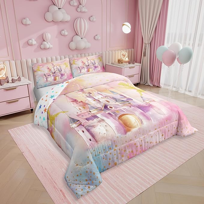 Erosebridal Princess Queen Bedding Set for Girls,Pink Castle Fairy Kids Comforter Sets,Dreamy Princess Quilt Bed Set,Rainbow Fairy Garden Comforter Reversible,Gifts for Women Girls Bedroom Decor