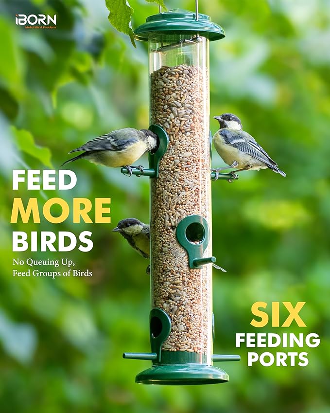 iBorn Metal Bird Feeders 6 Ports Hanging Wild Bird Seed Feeder for Mix Seed Blends, Seed Feeder, Sunflower Heart, Birdbath, Heavy Duty All Metal Green Finishing 15 Inch 6Port, Pack of 2,Gift Box