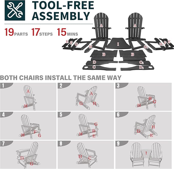 All Weather Plastic Adirondack Chairs, Fire Pit Chairs with Cup Holder, HDPE Outdoor Lawn Chair for Garden, Patio,Porch,Backyard, Black Double Chair
