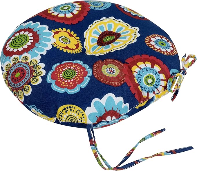 Magpie Fabrics Outdoor Round Bistro Seat Cushions with Ties, 15"x15"x4" Set of 2, Tufted Waterproof Barstool Chair Pads for Patio Home Garden Office, Floral Navy