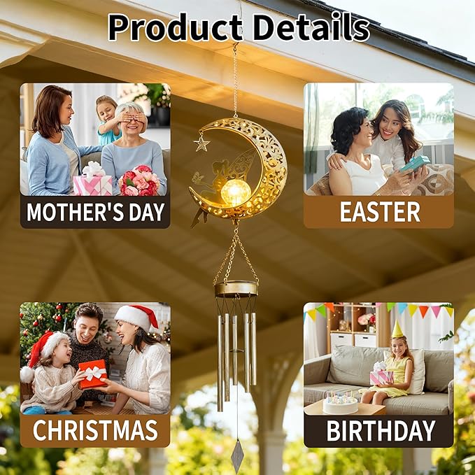 YAKii Fairy Moon Solar Wind Chimes for Outside Lights Gifts for Mom Wife Unique Crackle Glass LED Warm Light Outdoor Hanging Decor Windchimes for Garden Yard Patio Christmas Birthday Mothers Day