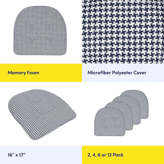 Sweet Home Collection Chair Cushion Memory Foam Pads Tufted Slip Non Skid Rubber Back U-Shaped 17" x 16" Seat Cover, 12 Count (Pack of 1), Houndsooth Navy