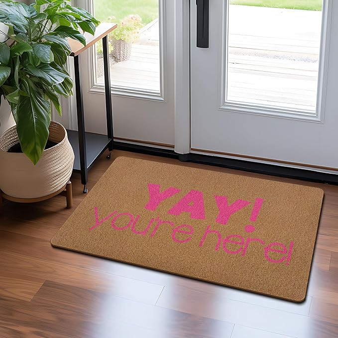 Yay You're Here Door Mat, Funny Welcome mat, Trendy Preppy Pink Coir Door Mats Outdoor Indoor Outside Entrance for Teen Girls, Girly Apartment College Dorm Room Decor 17x29 Inch