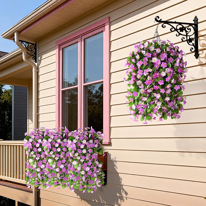 2 Pack Artificial Hanging Flowers, Fake Flowers Hanging Plant Violet Flower, Artificial Faux Silk Spring Flower for Wall Front Door Yard Garden Wedding Outdoor Decoration(Purple)