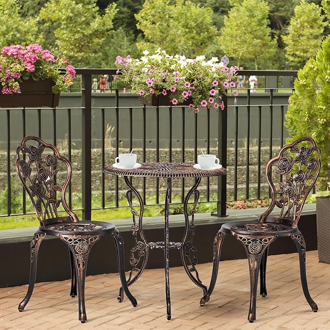 VINGLI 3 PCS Outdoor Bistro Set, Outdoor Patio Set, All-Weather Cast Aluminum Bistro Table Set, Bistro Table and Chairs Set of 2 for Backyard, Garden, Balcony (Bronze, Rose)