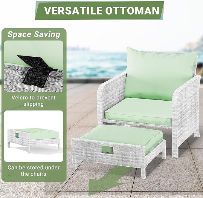 LEVELEVE Balcony Furniture 5 Piece Patio Conversation Set, PE Wicker Rattan Outdoor Lounge Chairs with Soft Cushions 2 Ottoman&Glass Table for Porch, Lawn-Grey Wicker