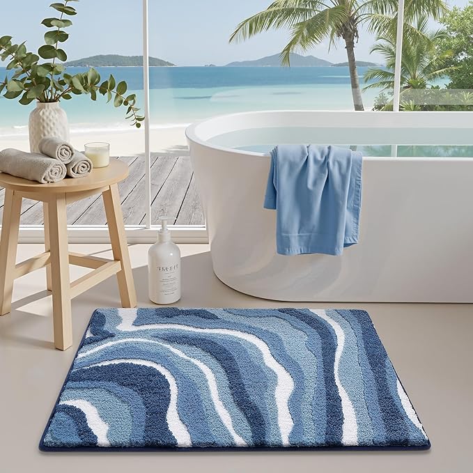 LUMI Absorbent Bathroom Rug Non Slip Rubber Backing, Machine Washable Wave Bath Mat Soft Premium Microfiber, Beach Bath Rugs Quick Dry for Bathtub and Shower Floor, 16"x24"
