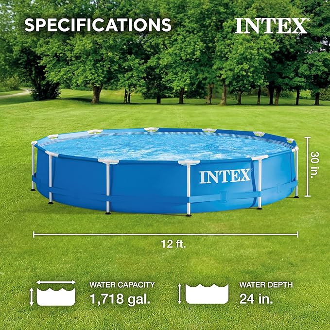 Intex Metal Frame 12 ft x 30 in Round Above Ground Outdoor Backyard Swimming Family Pool for Kids and Adults Ages 6 and Up, Blue