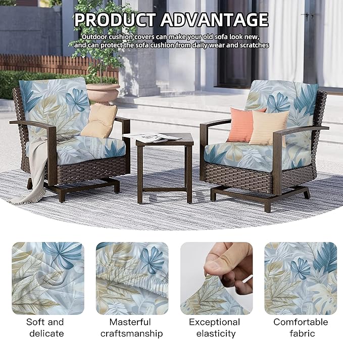 8Pcs Outdoor Cushion Covers, Patio Cushion Covers,Stretch Elastic Slipcovers, Replacement Washable & Reusable Furniture Protector for Patio Couch (White & Blue Leaf,Cover Only)