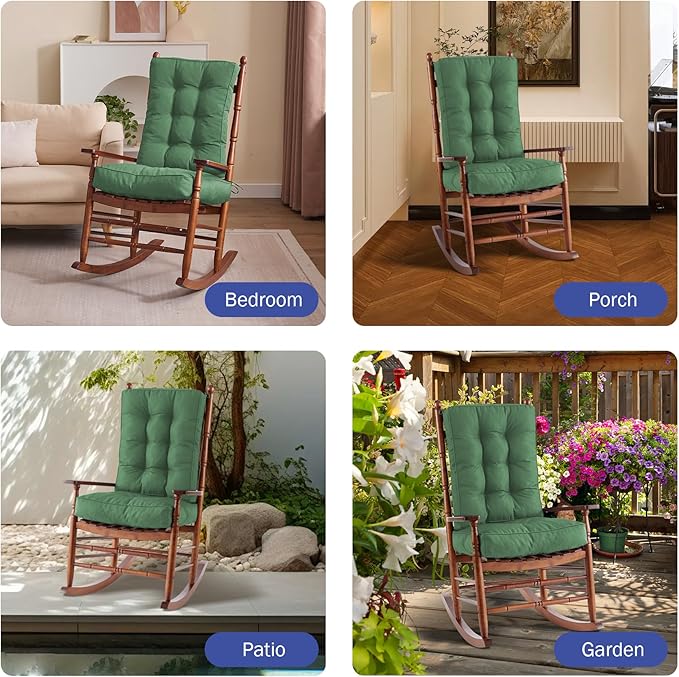 Rocking Chair Cushion, Waterproof and Fade-Resistant Patio Chair Cushions, Tufted Chair Pads for Rocker Furniture, 17x17 Inch, Indoor/Outdoor Seat Cushions with Ties, Dark Green (Pack of 2)
