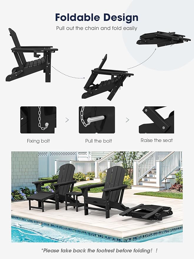 KINGYES Folding Adjustable Adirondack Chair with Retractable Ottoman Set of 6, HDPE All Weather Chair with Cup Holder - Recliner Adirondack Chair, Black