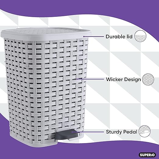 Superio Small Outdoor Trash Can with Lid for Dog Poop 3 Gallon/12 L Mini Plastic Garbage Can with Foot Pedal for Bathroom, Bedroom, Office, Patio, Wicker Smoke