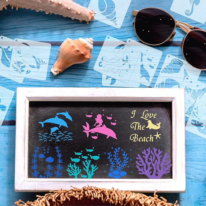 Marspark 66 Pcs Spring Easter Small Stencils for Crafts Reusable 3 Inch Stencils for Painting on Wood DIY Craft Paint Template for Wall Home Decor Card Rock Canvas Drawing Holiday (Ocean)