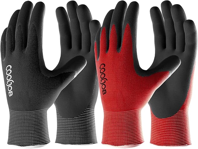 COOLJOB Gardening Gloves for Men, 2 Pairs Breathable Rubber Coated for Garden Weeding Landscaping, Outside Work for Lawn Yard, Men's Medium Size, Black & Red