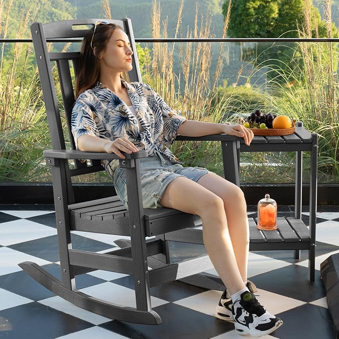 Plawdlik HDPE Rocking Chair,Oversized Outdoor Rocking Chair Set of 2,Patio Rocking Chair All Weather Resistant-Grey