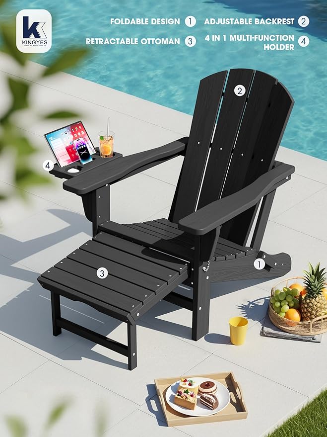 KINGYES Adjustable Folding Adirondack Chair with Footrest & 4-in-1 Multi-Functional Armrest Organizer Set of 4, HDPE Foldable Recliner Adirondack Chair with Pull-Out Ottoman, Black