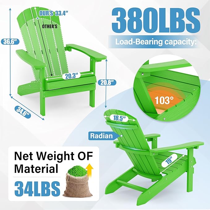 YEFU Adirondack Chairs Set of 6: Plastic Adirondack Chairs - Patio Chairs with Wood Texture - Outdoor Chair HIPS - Lawn Fire Pit Deck Porch Garden Chairs for Adults (Lime)