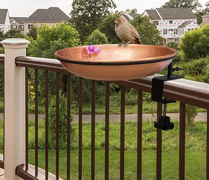 Monarch Abode Deck Mounted Bird Bath & Bird Feeder for Outdoors – Pure Copper Hand Hammered Birds Bath Bowl w/Detachable Iron Clamp, Birdfeeder and Birdbath for Outdoors Garden Backyard