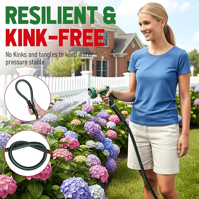 Heavy Duty Garden Hose 100ft with Nozzle, NON-EXPANDABLE Flexible Water Hose, Kink Resistant Lightweight Hybrid Hose, Leakproof Hose Male to Female Fittings
