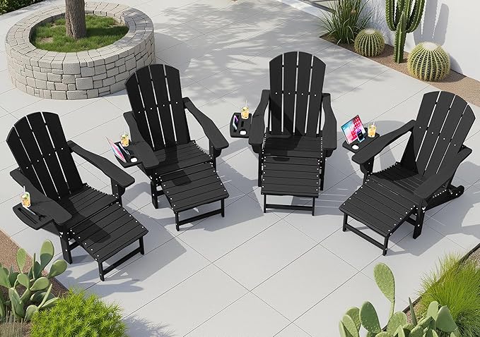 KINGYES Adjustable Folding Adirondack Chair with Footrest & 4-in-1 Multi-Functional Armrest Organizer Set of 4, HDPE Foldable Recliner Adirondack Chair with Pull-Out Ottoman, Black