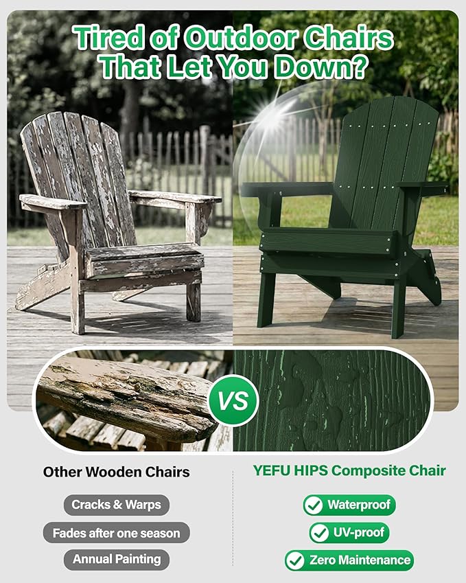 YEFU Adirondack Chair, Oversized Plastic Adirondack Chair Folding Outdoor Chairs with Cup Holder, Lawn Chair with Weather Resistant for Outside Deck Lawn Garden, Weight Capacity Up to 400 Lbs –Green
