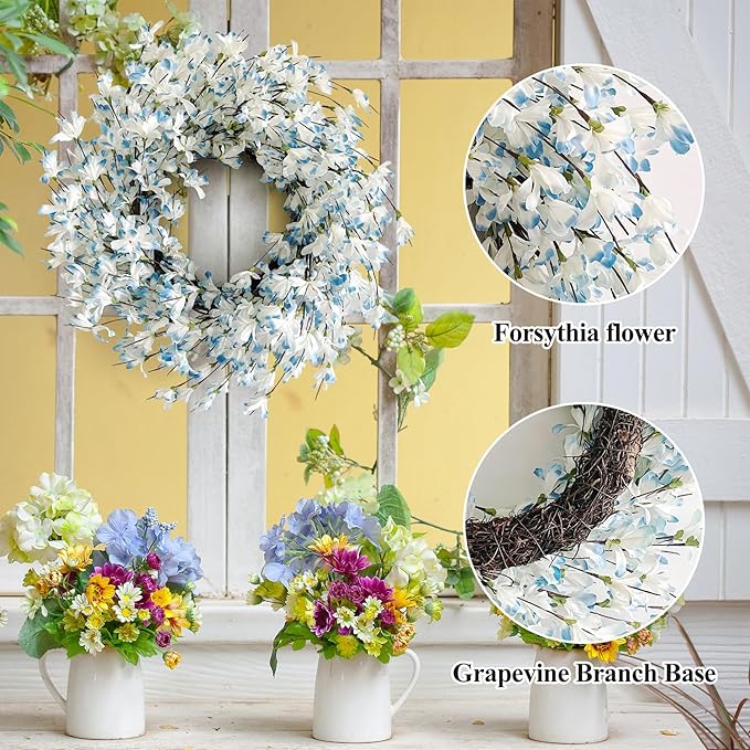 Blue Forsythia Spring Wreath for Front Door, 24 Inch Spring Wreath Blue Cream Cluster on Farmhouse Grapevine Blossom Cluster for Festival Celebration Front Door Wall Window Christmas Home Décor