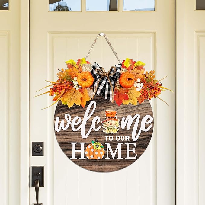 Interchangeable Welcome Sign for Front Door with 4 Seasonal Wreaths and 21 Changeable Icons, Farmhouse Rustic Outdoor Welcome Signs Porch, Holiday Spring Summer Winter Fall Decorations for Home Gifts
