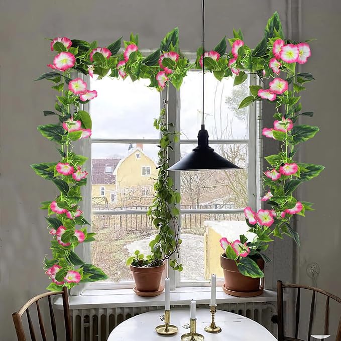 CISDUEO 2 Pcs Artificial Vines Silk Morning Glory Vines for Outdoor 15Feet Hanging Plants Garland Pink Fake Green Plant Morning Glories for Home Decor Wall Fence Stairway Wedding Hanging Baskets