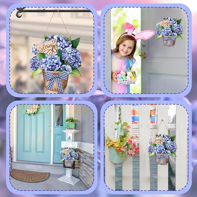 Barydat Spring Door Sign Blue Hydrangea Wreaths Flowers Spring Door Hanger Rustic Easter Welcome Hanging Wreath for Summer Front Indoor Home Porch Wall Windows