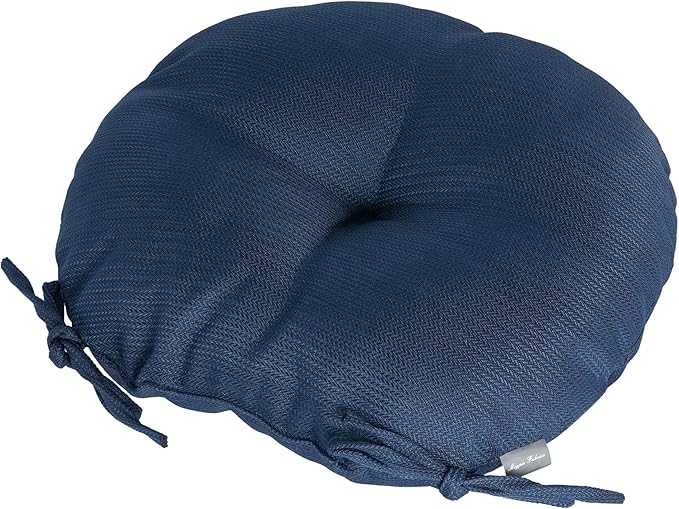 Magpie Fabrics Outdoor 15"x15"x4" Round Bistro Seat Cushions with Ties Set of 2, Tufted Waterproof Patio Floor Chair Pads for Home Garden Balcony Kitchen Office Porch, Navy